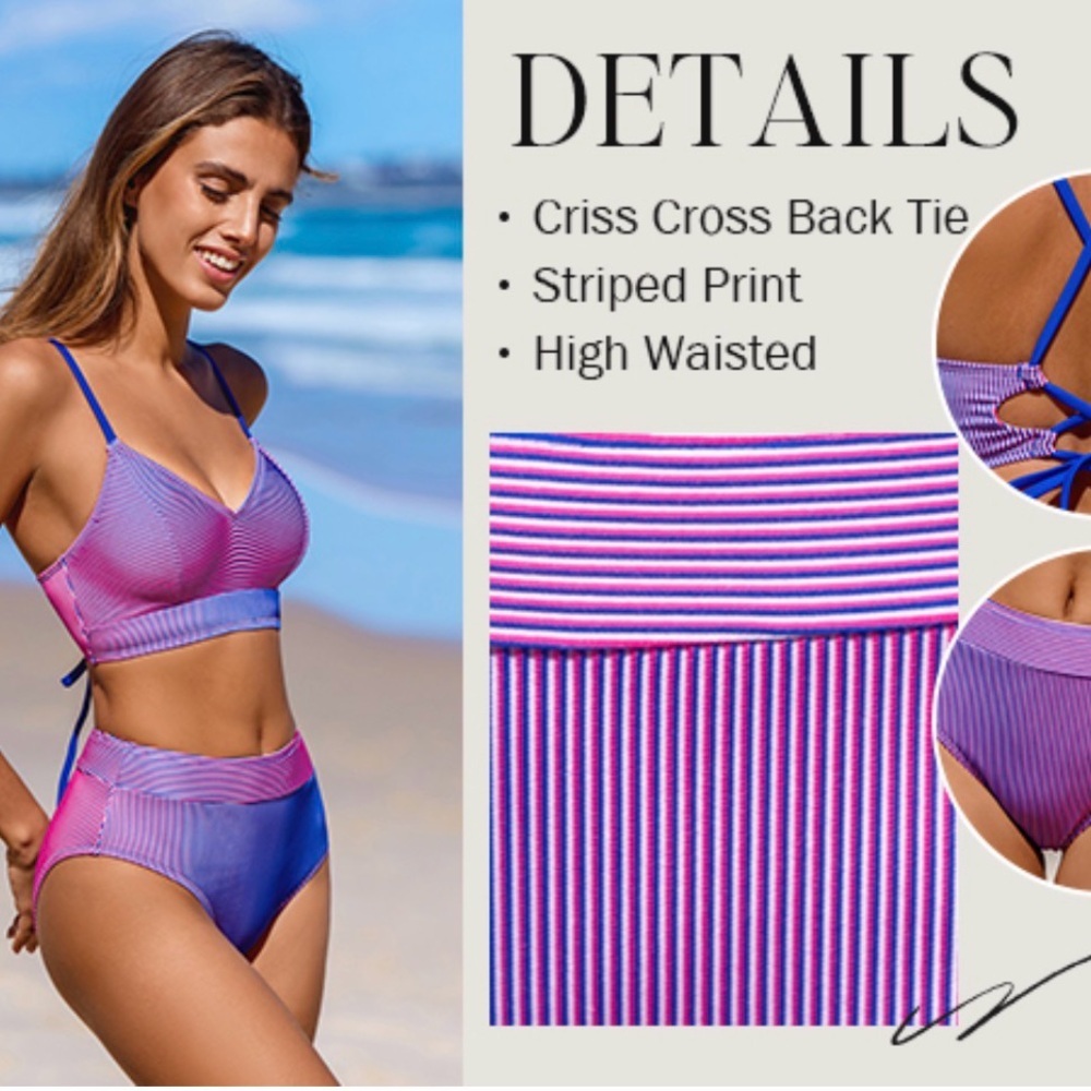 Cupshe NWT Vibrant Striped Bikini Set in Blue and Pink - Picture 7 of 7